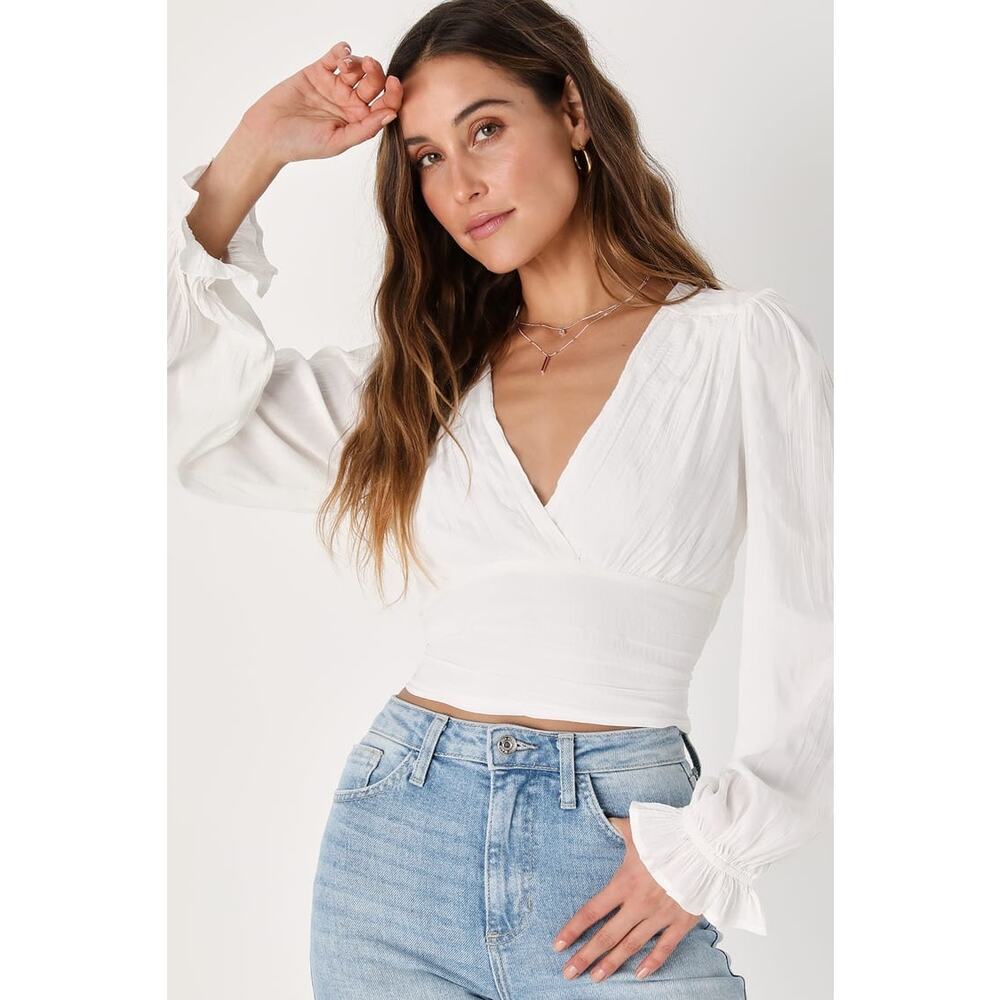 Lulu's White Smocked Waist Long Sleeve Wrap Top